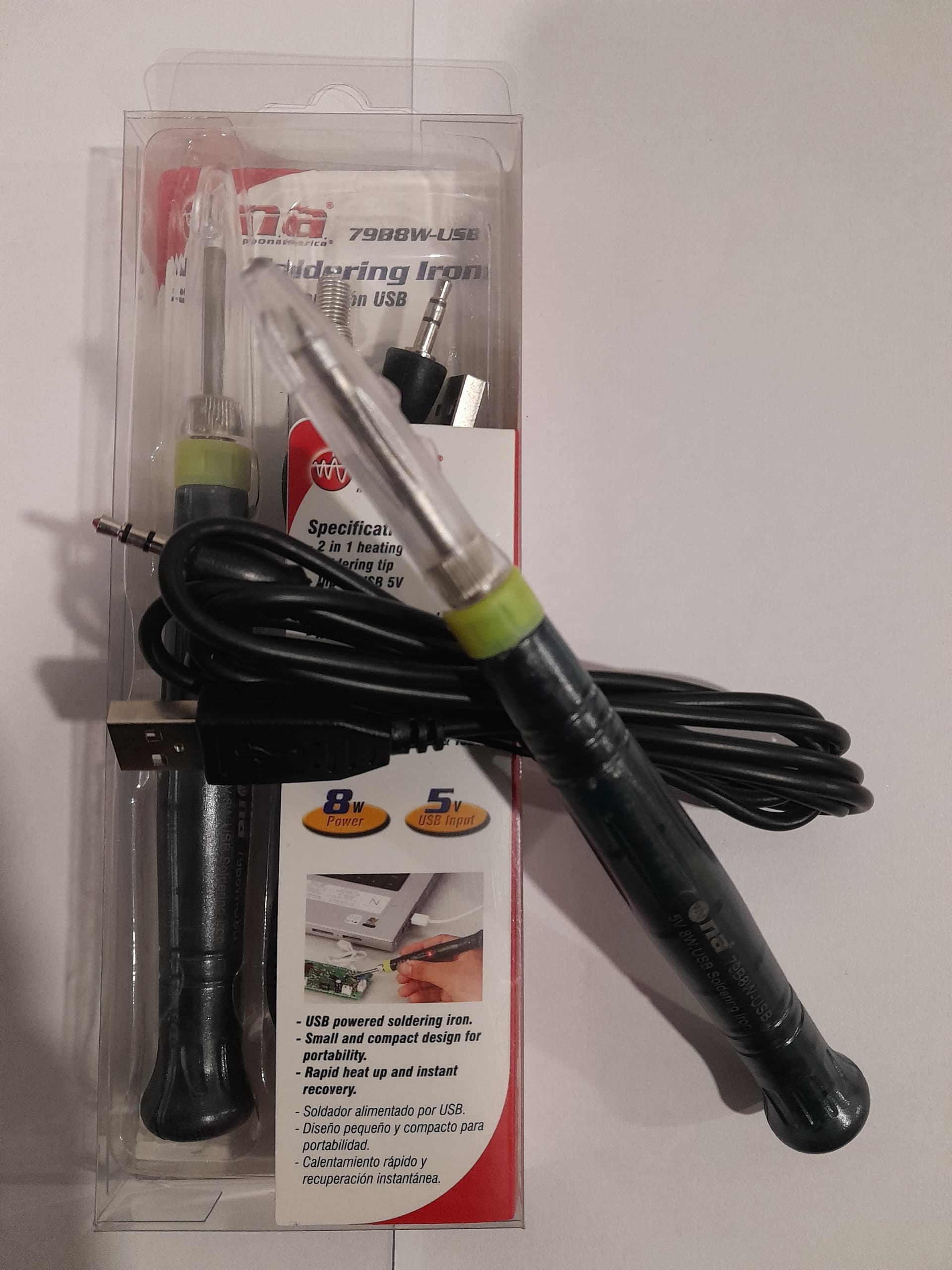  CAUTIN CON ENTRADA USB 5v POTENCIA 8w CON LUZ INDICADORA,  INTERRUPTOR TACTIL,  PUNTA SOLDADURA 2 EN 1  