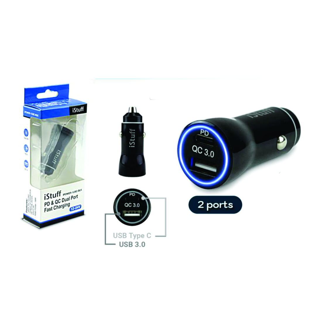 Cargador Carro Dual USB iStuff Entrada 12-24