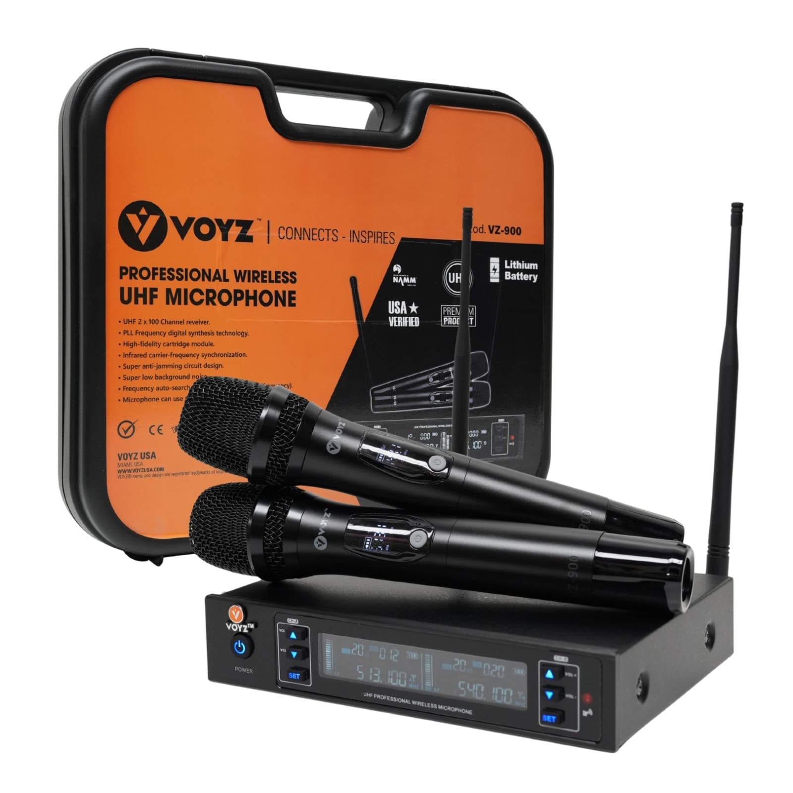 Microfono Inalambrico Uhf 2 Voyz Alcance 150 Metros/ Receptor Dúplex Uhf 2 Uhf / 50HZ-15 Khz